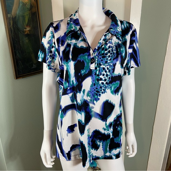 Zenergy by Chico's Tops - Chicos Sz 2 Zenergy Golf Abstract Polo Shirt Blue Women's Animal Print Blue